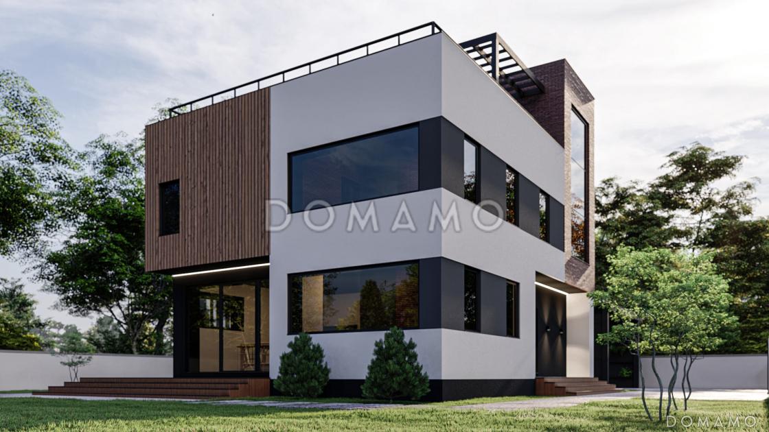 Проект двухэтажного дома в стиле хай-тек с террасой, 3 спальнями и личными гардеробными / 3