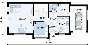 Проект мансардного дома из газобетона с гаражом, прямоугольным эркером и двумя балконами / План 1 этажа