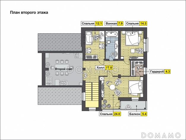Проект дома с мансардными окнами, вторым светом, вытянутой крытой террасой, объединенной кухней-гостиной / План мансардного этажа