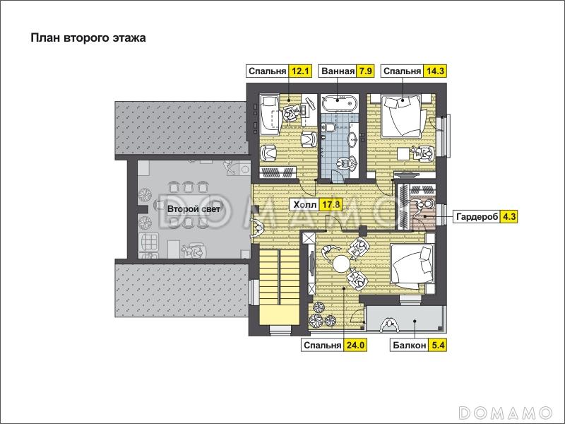 Проект дома с мансардными окнами, вторым светом, вытянутой крытой террасой, объединенной кухней-гостиной / План мансардного этажа