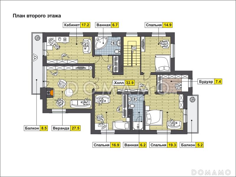 Проект загородного дома с террасой, навесом на одну машину, верандой с камином на втором этаже / План 2 этажа