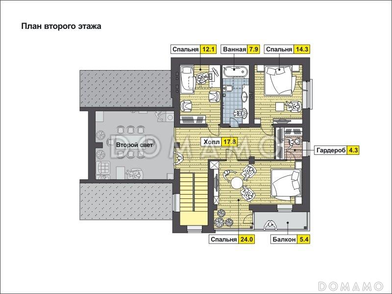 Проект дома с мансардными окнами, вторым светом, вытянутой крытой террасой, объединенной кухней-гостиной / План мансардного этажа