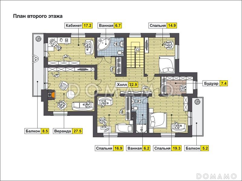 Проект загородного дома с террасой, навесом на одну машину, верандой с камином на втором этаже / План 2 этажа