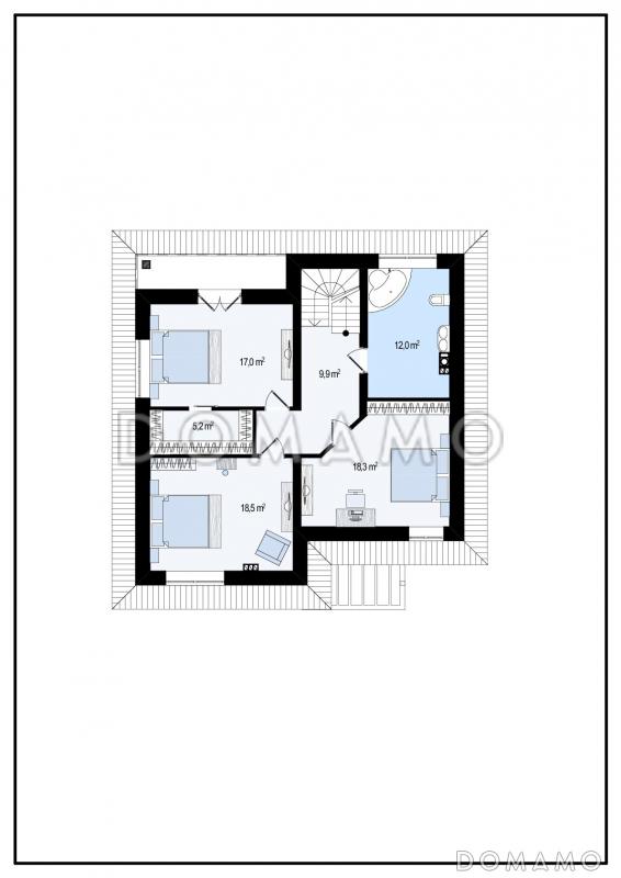 Проект современного двухэтажного дома из кирпича с четырьмя комнатами, большим тех помещением и балконом / План 2 этажа