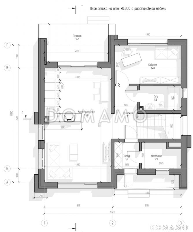 Проект двухэтажного дома с панорамными окнами, кабинетом, 3 спальнями, кухней-гостиной / План 1 этажа Проект двухэтажного дома с панорамными окнами, кабинетом, 3 спальнями, кухней-гостиной / План 1 этажа