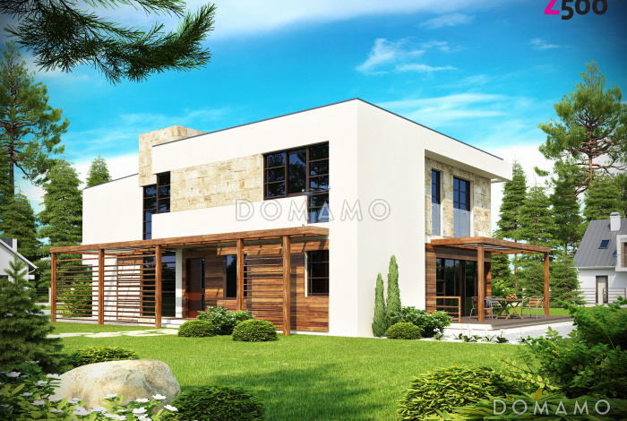 Проект современного двухэтажного дома из кирпича в стиле модерн с пятью спальнями, с гаражом, угловой террасой и балконом над ней Проект современного двухэтажного дома из кирпича в стиле модерн с пятью спальнями, с гаражом, угловой террасой и балконом над ней