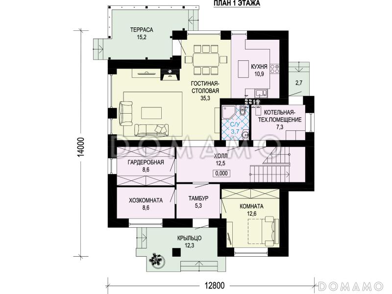 Проект дома из газобетона с гардеробной, хоз. комнатой, террасой, кабинетом / План 1 этажа