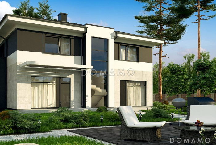 Проект современного двухэтажного дома из кирпича с четырьмя спальнями, кабинетом и большим гаражом