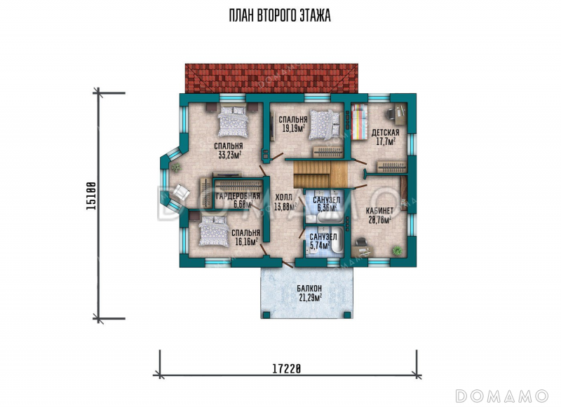 Проект дома с террасой, балконом и гаражом / План 2 этажа