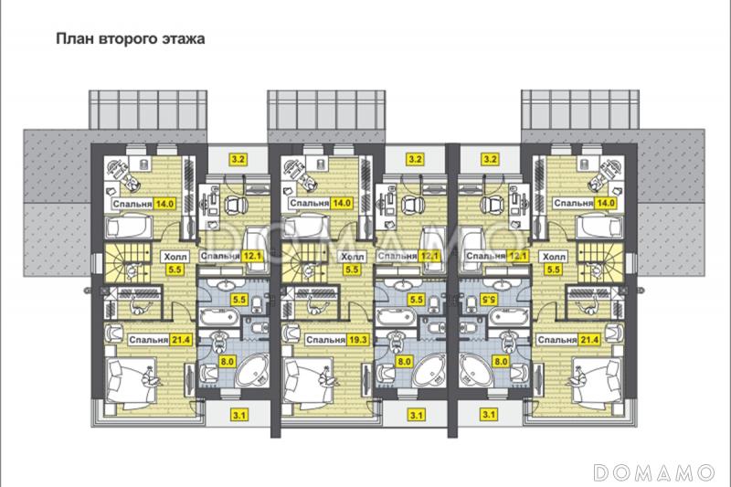 Проект дома с крытой террасой, большой кухней-столовой, просторной гостиной с камином, постирочной, балконом / План мансардного этажа