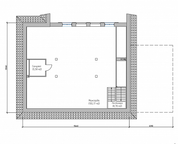 Проект большого современного дома с цокольным этажом и навесом для двух автомобилей / План мансардного этажа