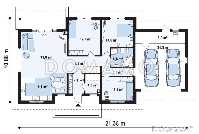 Проект одноэтажного дома из кирпича с тремя спальнями и гаражом на два автомобиля, с возможностью обустройства мансарды / План 1 этажа