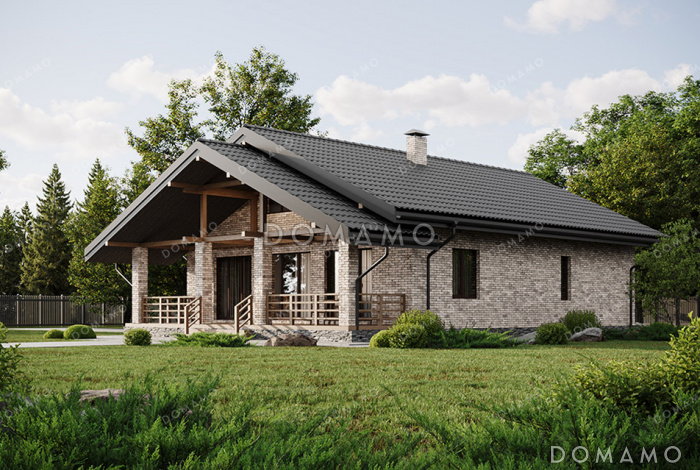 Проект выразительного одноэтажного дома с двухскатной крышей в разных уровнях, большой террасой и вторым светом Проект выразительного одноэтажного дома с двухскатной крышей в разных уровнях, большой террасой и вторым светом