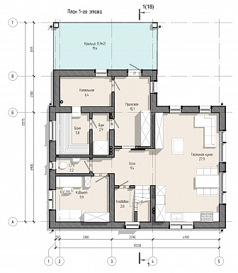 Проект дома дома с тремя спальнями, кабинетом, баней и постирочной / План 1 этажа Проект дома дома с тремя спальнями, кабинетом, баней и постирочной / План 1 этажа
