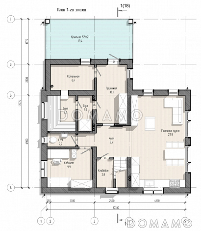 Проект дома дома с тремя спальнями, кабинетом, баней и постирочной / План 1 этажа Проект дома дома с тремя спальнями, кабинетом, баней и постирочной / План 1 этажа