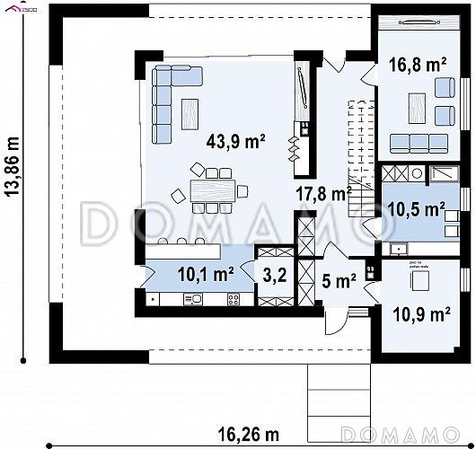 Проект современного двухэтажного дома из газобетона с подземным гаражом и террасой на втором этаже по периметру дома / План 1 этажа