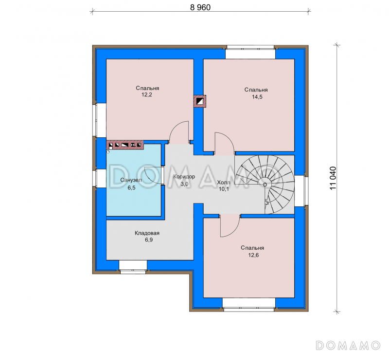 Проект загородного дома с винтовой лестницей на мансардный этаж, раздельным санузлом, террасой  / План мансардного этажа
