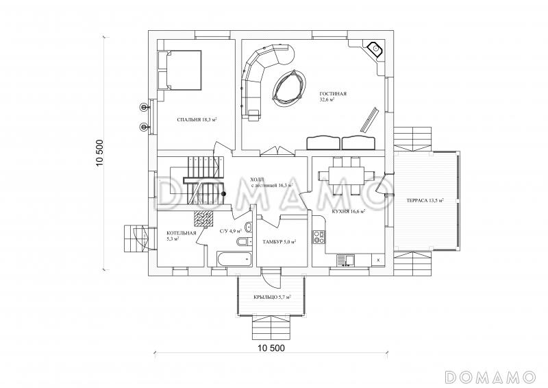 Проект коттеджа с квадратным планом / План 1 этажа