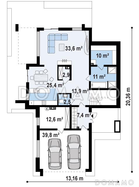 Проект просторного двухэтажного дома из газобетона с четырьмя спальнями,  гаражом и сауной / План 1 этажа