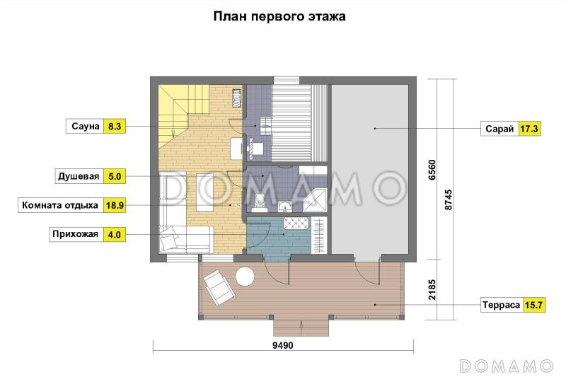 Проект бани из газобетона с гостиной и комнатой отдыха / План 1 этажа
