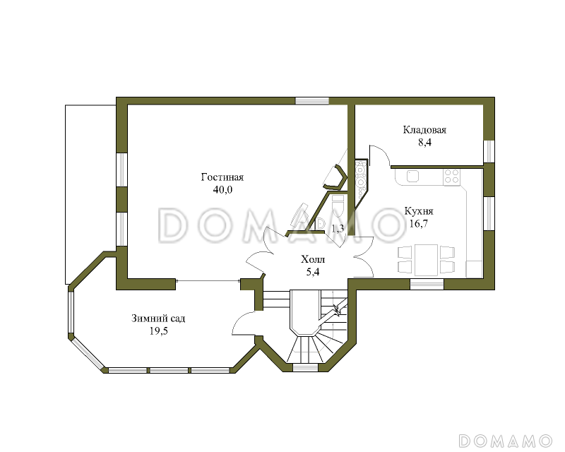 Проект большого коттеджа с башенкой, зимним садом и гаражом / План 2 этажа