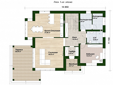 Проект двухэтажного дома с 3 спальнями, крытой террасой и панорамными окнами / План 1 этажа