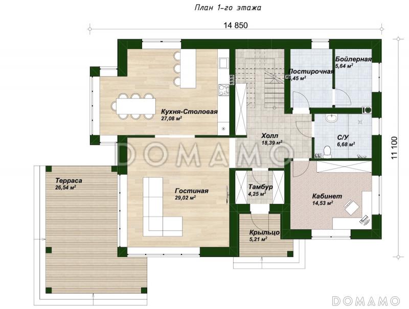 Проект двухэтажного дома с 3 спальнями, крытой террасой и панорамными окнами / План 1 этажа