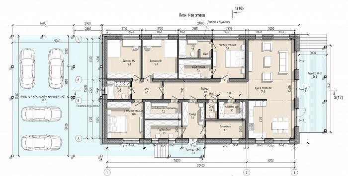 Проект одноэтажного дома с большим навесом для автомобилей, мастер-спальней и широкой террасой / План 1 этажа