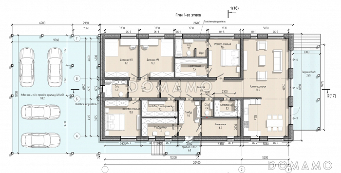 Проект одноэтажного дома с большим навесом для автомобилей, мастер-спальней и широкой террасой / План 1 этажа