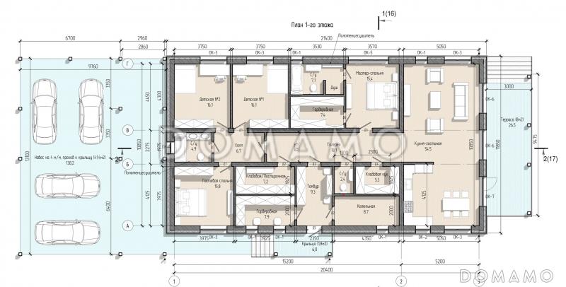 Проект одноэтажного дома с большим навесом для автомобилей, мастер-спальней и широкой террасой / План 1 этажа