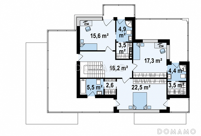 Проект просторного современного двухэтажного дома из кирпича, с пятью комнатами, гаражом и террасой над ним / План 2 этажа