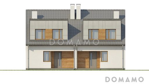 Проект компактных мансардных домов-близнецов из газобетона с изолированной кухней и тремя спальнями / Фасад 1