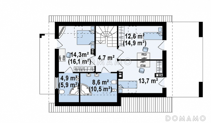 Проект одноэтажного мансардного дома из кирпича с дополнительной спальней на первом этаже, гаражом и террасой над ним / План мансардного этажа
