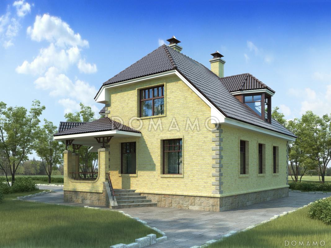 Проект коттеджа с вальмовой крышей и террасой. / 2