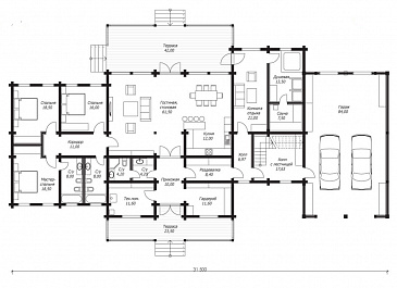 Проект большого дома из клееного бруса с гаражом на два авто / План 1 этажа Проект большого дома из клееного бруса с гаражом на два авто / План 1 этажа