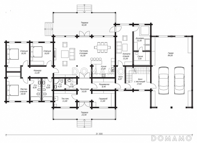 Проект большого дома из клееного бруса с гаражом на два авто / План 1 этажа Проект большого дома из клееного бруса с гаражом на два авто / План 1 этажа