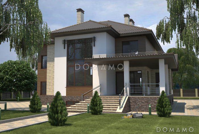 Проект особняка в трех уровнях, с комнатой отдыха на чердаке, с мастерской, гаражом и навесом под автомобиль Проект особняка в трех уровнях, с комнатой отдыха на чердаке, с мастерской, гаражом и навесом под автомобиль