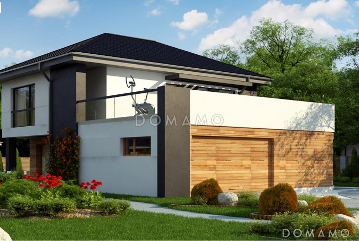 Проект современного двухэтажного коттеджа из газобетона с дополнительной комнатой на первом этаже и большим гаражом и террасой над ним 