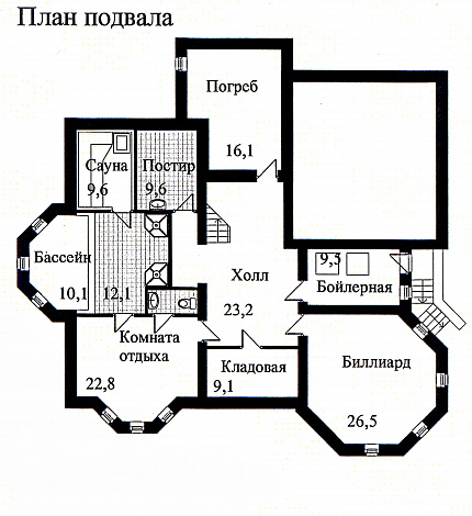 Проект дома из кирпича с необычной в плане каминной комнатой / План цокольного этажа