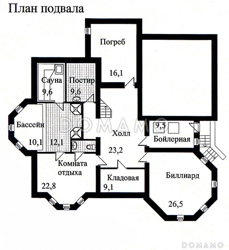 Проект дома из кирпича с необычной в плане каминной комнатой / План цокольного этажа