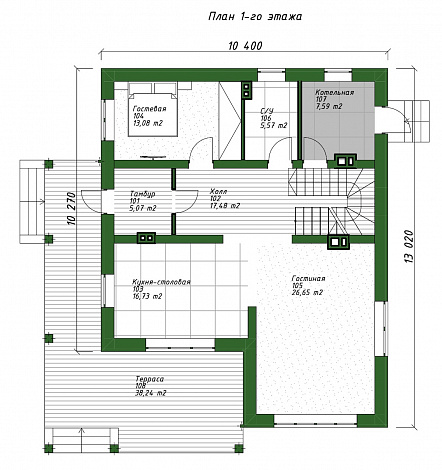 Проект двухэтажного дома с тремя спальнями наверху и одной внизу, крытой террасой и котельной / План 1 этажа
