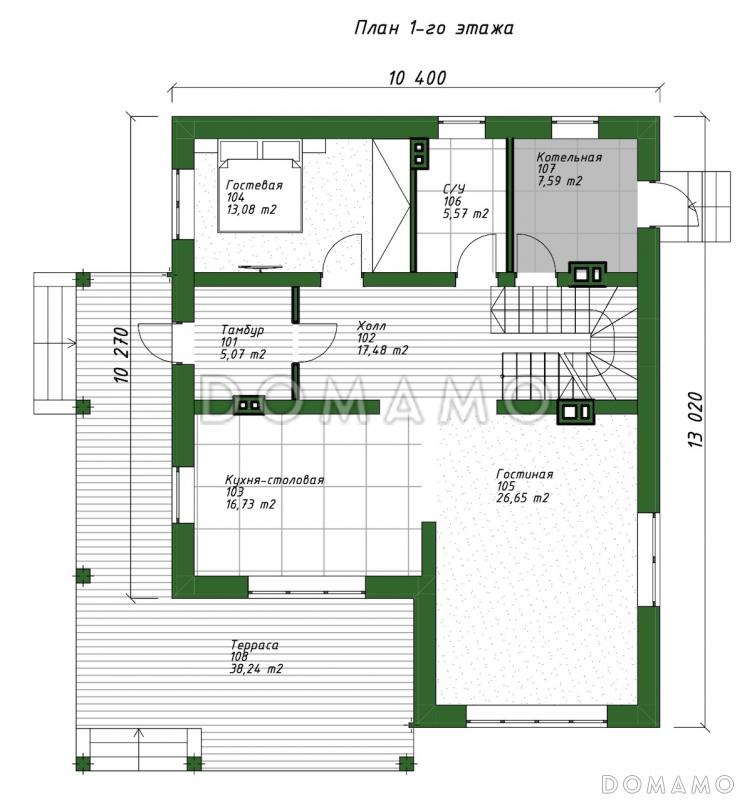 Проект двухэтажного дома с тремя спальнями наверху и одной внизу, крытой террасой и котельной / План 1 этажа