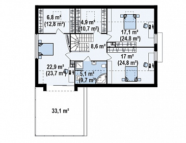 Проект просторного современного мансардного дома из газобетона с пятью комнатами, эркером и террасой над гаражом / План мансардного этажа Проект просторного современного мансардного дома из газобетона с пятью комнатами, эркером и террасой над гаражом / План мансардного этажа