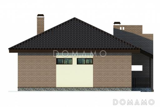 Проект одноэтажного коттеджа с коричневой облицовкой и необычной стеной крыльца / Фасад 4