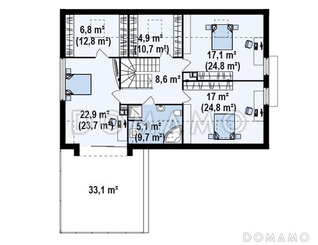 Проект просторного современного мансардного дома из газобетона с пятью комнатами, эркером и террасой над гаражом / План мансардного этажа