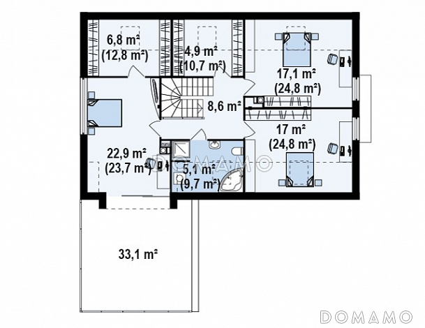 Проект просторного современного мансардного дома из газобетона с пятью комнатами, эркером и террасой над гаражом / План мансардного этажа Проект просторного современного мансардного дома из газобетона с пятью комнатами, эркером и террасой над гаражом / План мансардного этажа