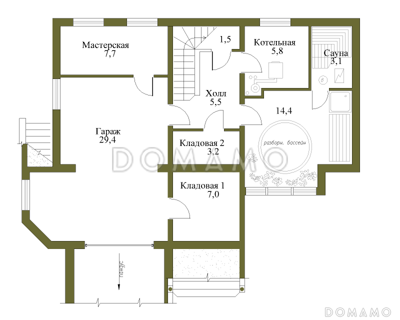 Проект коттеджа с башенкой и гаражом / План цокольного этажа