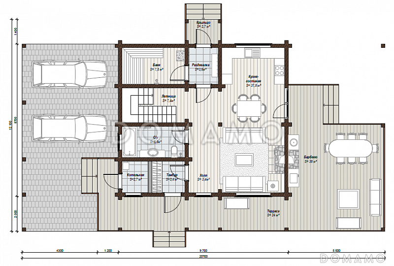 Проект дома с закрытым парковочным местом на две машины, огромной террасой и специально отведенным местом под барбекю / План 1 этажа