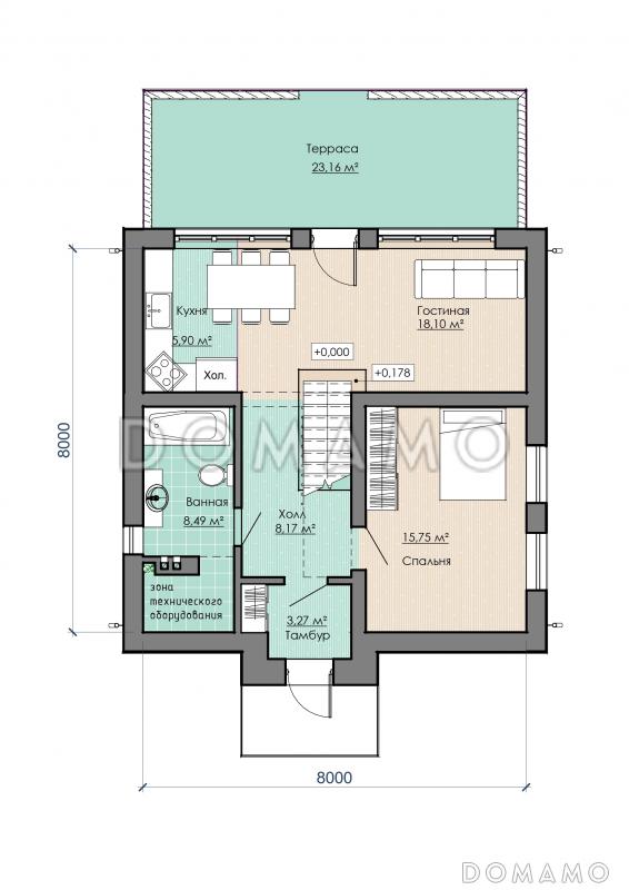 Проект компактного дома с тремя спальнями и открытыми террасами на обоих этажах / План 1 этажа