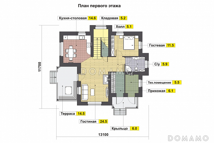 Проект дома с небольшой крытой террасой, эркерами, гостевой на первом этаже, кладовой под лестницей, кабинетом / План 1 этажа Проект дома с небольшой крытой террасой, эркерами, гостевой на первом этаже, кладовой под лестницей, кабинетом / План 1 этажа